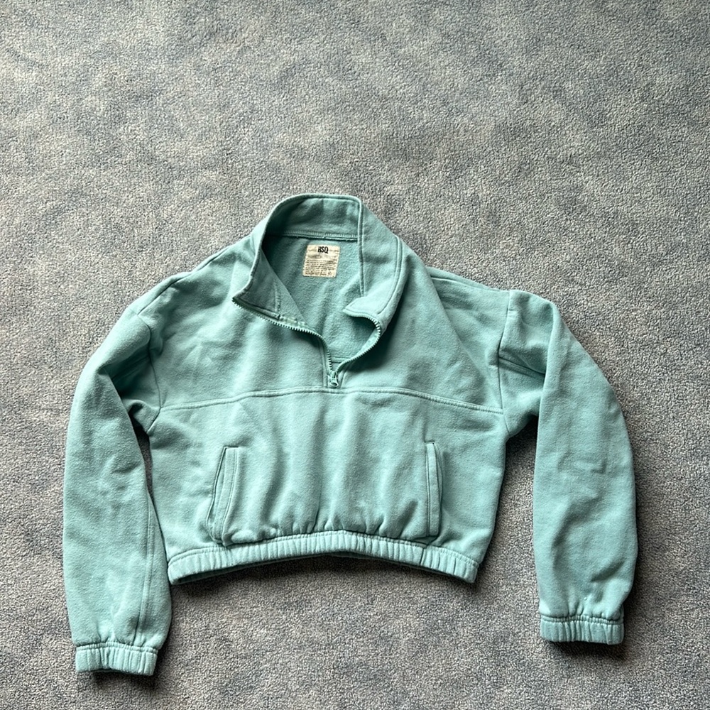 Teal light blue cropped half zip sweatshirt
